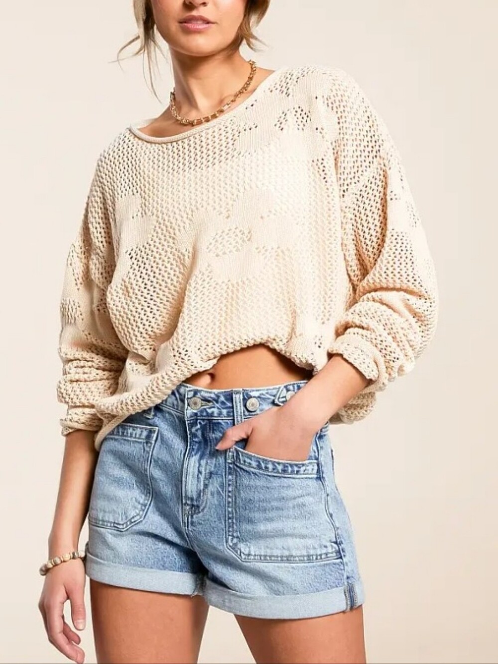 EN CREME ' BLACK' Floral Open Knit Cozy Sweater Large